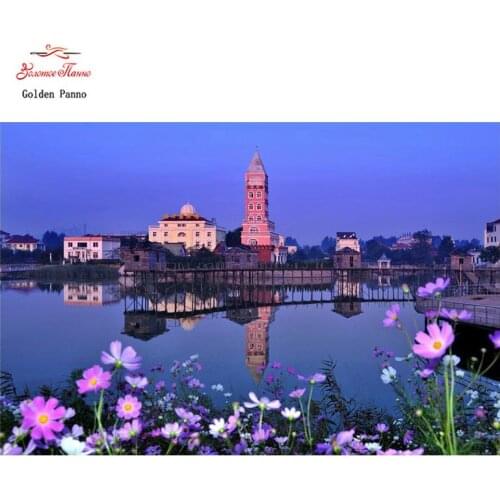 Golden Panno 100% Full DIY 5D Diamond Painting Blue lake flower Cross Stitch Diamond Embroidery Patterns rhinestones Mosaic 07