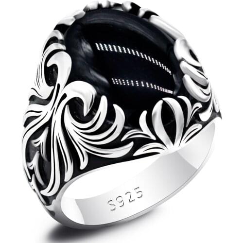 Turkish Black Agate Ring for Men Pure 925 Sterling Silver Vintage Carved with Oval Big Natural Stone Male Rings Jewelry Gift