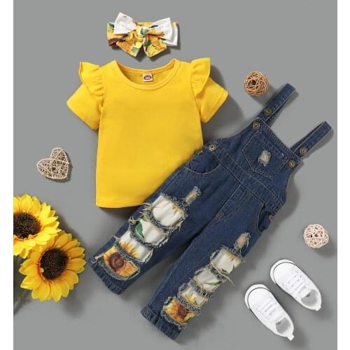 3-piece Baby / Toddler Girl Solid Top and Sunflower Denim Suspender Pants with Headband Set