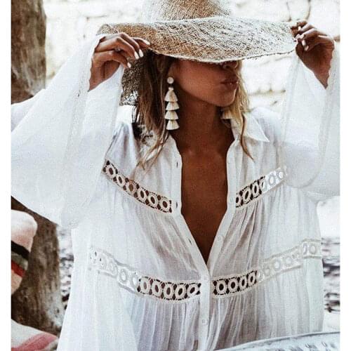 Summer Women Bathing Suit Lace Crochet Solid Beach Cover Ups Sexy Long Trumpet Sleeve Female Bikini Beachwear Beach Dress