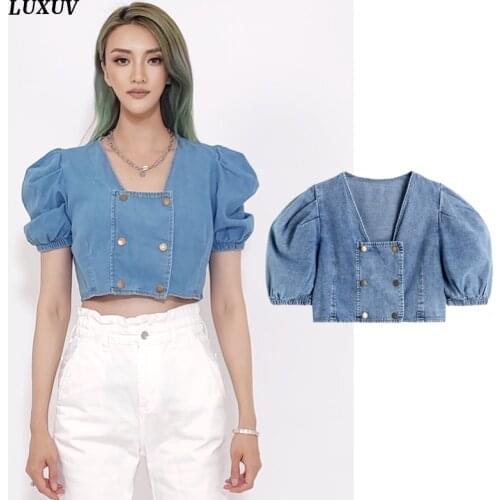 LUXUV Women 's Jeans Jacket Harajuku Summer Blouse Denim Coat Ladies Spring Windbreaker Trench Short Crop Top Outwear 19-015