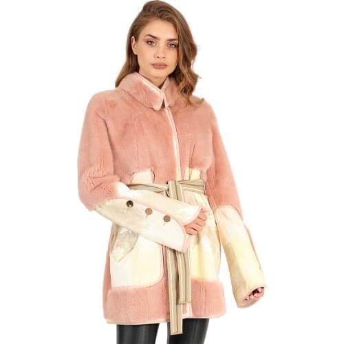 Modaqueen store womens powder pink color zig zag leather accessories mink fur special design jacket 2030 fur luxury clothing special