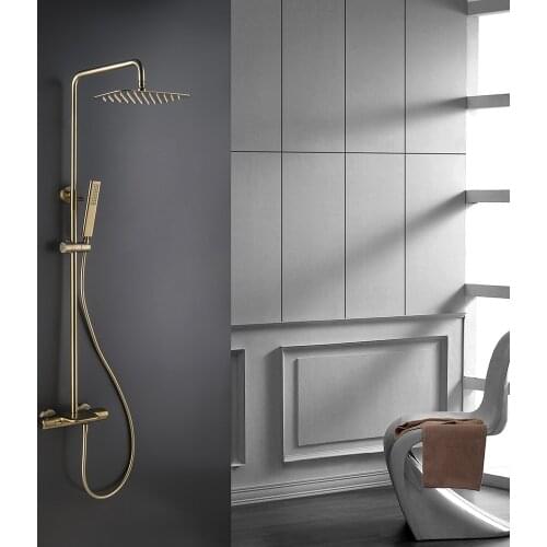 Brushed Gold Shower Faucet Set Bathroom Shower System Thermostatic Bathtub Shower Mixer Rain Shower Head Square Hand Shower
