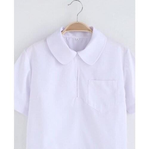 Cute Girls Japanese School Uniform Girls JK White Blouse Chest Pocket Side Zipper Peter Pan Collar Short Sleeve Shirt Tops