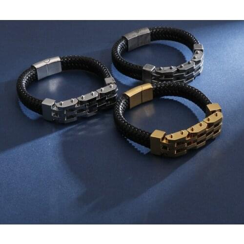 Mens braided leather titanium steel bracelet retro locomotive trendy man simple personality stainless steel jewelry