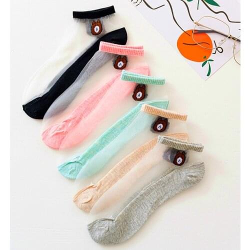 5 pairs womens socks summer cartoon bear socks colorful soft silk thin transparent girls happy casual women ankle socks