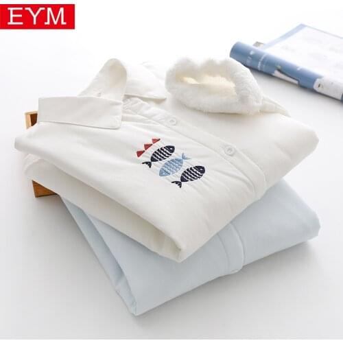2020 New Winter Simple Womens Tops Warm Casual Thicker Lady Shirt Style Coat Fish Embroidery Plus Velvet Outerwear Women Clothes