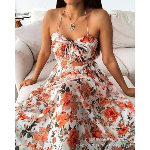 Dress Women Elegant Fashion Camisole Summer Office Casual Loose Print V Neck Sleeve Ankle Length Hem Chiffon Vestidos