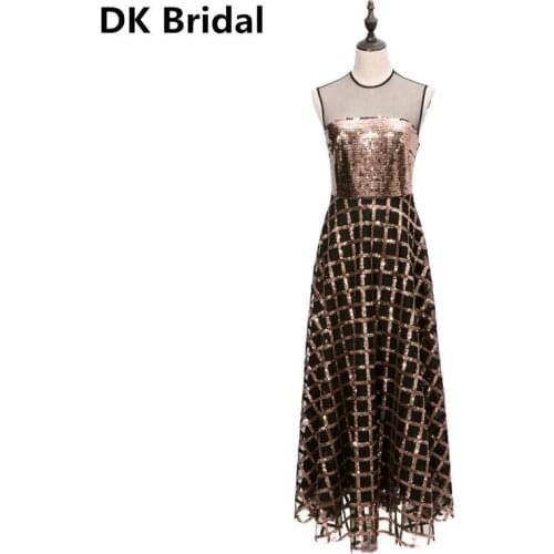 Eye-catching New Vestido De Festa Bling Bling Long Evening Dress Bride Party Sleeveless Sequins Gold black Prom Dresses