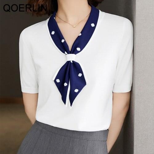 QOERLIN Ice Silk Knitted T-Shirts Women Summer Short Sleeve Bowtie White Sweater T-Shirts Girls Patchwork Loose Casual Tees