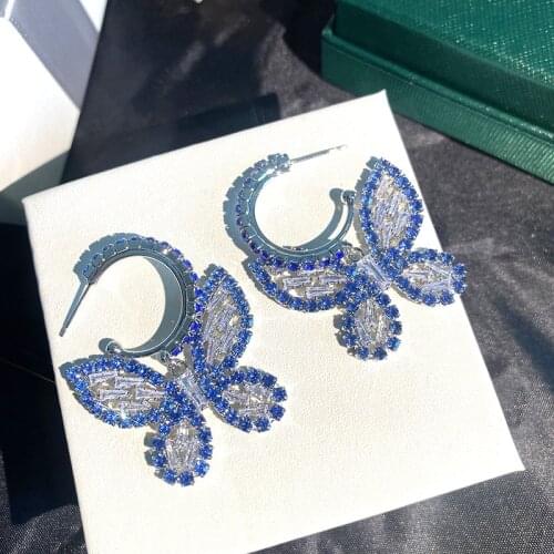 AAA+ Luxury Full Pave Top Blue White Cubic Zirconia Charms Butterfly Silver Earrings Women Wedding Party Jewelry Pendant
