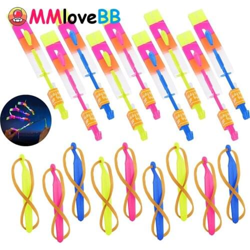 10PCS Outdoor Shining Rocket Flash LED Light Night Kids Luminous Slingshot Toys Shine Slingshot Elastic Helicopter Rotating Toy