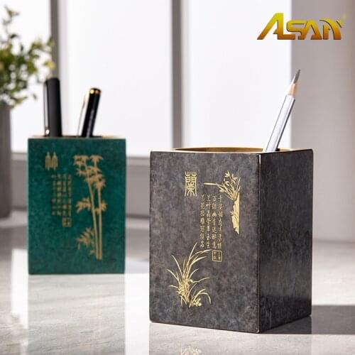 Asan Neo Chinese Style Pure Copper Brass Color Art Four Season Flower Theme Brush Pot Pen Container Home Office Decor Gift