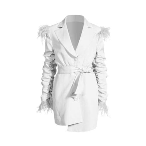 Yuerwang Women Blazer Dress White Temperament Long Sleeve Feather Coat Ladies Jacket Spring Autumn Bandage Outwear Outfit 2021