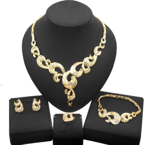 Yulaili Exquisite Gold-Plated Drop Shape Long Necklace Jewelry Set and Woman Earrings Bracelet Couple Ring Necklace Jewelry Sets