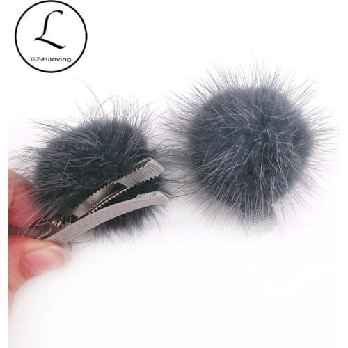 Baby Girls Real Mink Fur pompom Hair Clips 5cm Big Princess Barrette Childs Kids Headbands Hair Accessories 2pcs Christmas gift