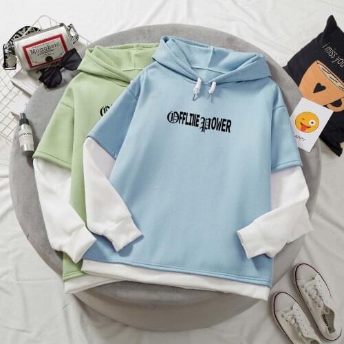 Womens Sweatshirt Color Block Top Letter Print Hoodie Fake Fake Two Piece Hoodie Harajuku Jacket Blue Aesthetic Long Sleeve