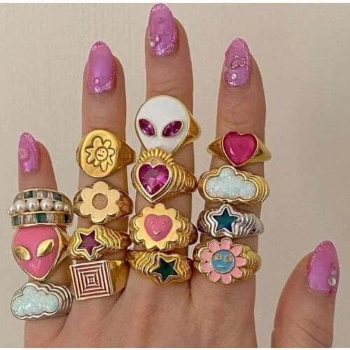 JUST FEEL New INS Colorful Happy Smile Face Flower Rings for Women Shiny Clouds Alien Love Heart Rings 2021 Fashion Jewelry Gift