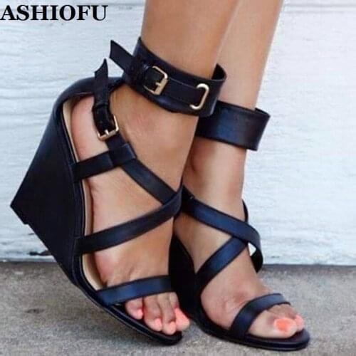 ASHIOFU Handmade Womens Wadge Heel Sandals Buckle Strap Peep-toe Party Summer Shoes Daily Wear Fashion Sandals Shoes