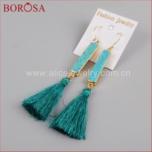 BOROSA Rectangle Howlite Blue Stone Rainbow Tassel Gold Electroplated Earrings, Druzy Tassel Dangle Earrings for Women G1241