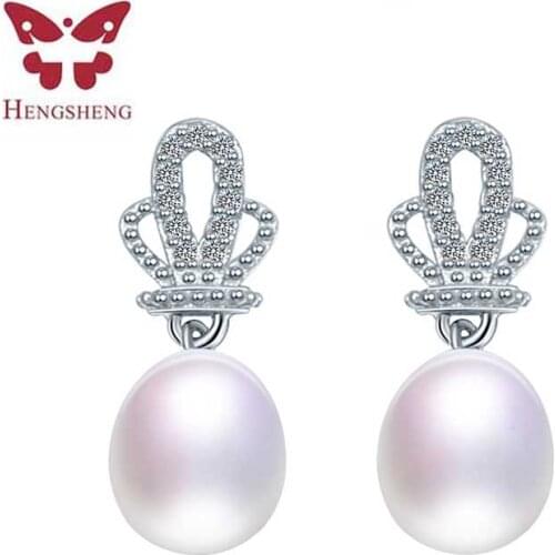 HENGSHENG Fashion Crown AAA Zircon 8-9mm Natural Freshwater Pearl Wedding Earrings For Women 4 Colors Real Pearl Jewelry