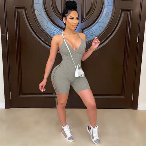 Women’s Sexy Backless Slim Fit Yoga Playsuits Fashion Solid Color Side Hollow Bandage Suspender Short Rompers Sportswear