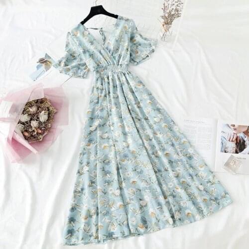 Summer Women Ruffled Short-sleeved Chiffon Dress V-neck High Waist Backless Sexy Floral Print Beach Dresses