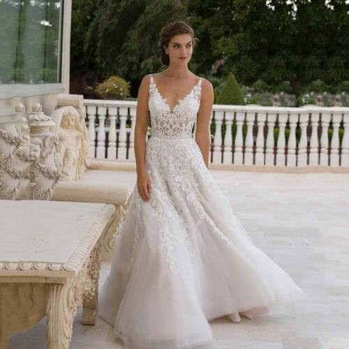 Thinyfull Simple Sleeveless Backless Wedding Dresses A Line V Neck Bride Dresses Tulle Lace Appliques Vestidos de novia 2020