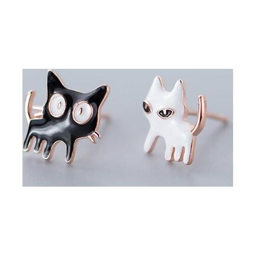 10MM 100% Real. 925 Sterling Silver Black /White Enamel Cute kitten Cat Earrings For Women Girl Lovely C-G3139