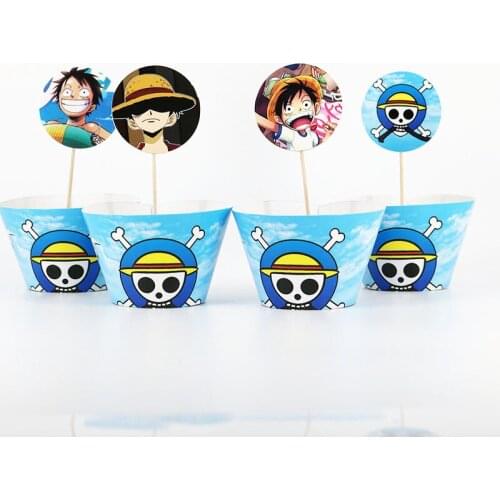 24pcs ONE PIECE Party Cupcake Wrappers Cake Toppers Picks Kids Birthday Wedding Party Decoration Supplies 12 wraps+12 topper
