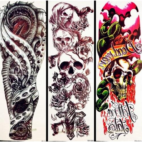 Black Evil Skull Big Temporary Tattoo Full Flower Body Arm Water Transfer Tattoo Sticker Women Men Armband Totem Tatoo GQSQ001