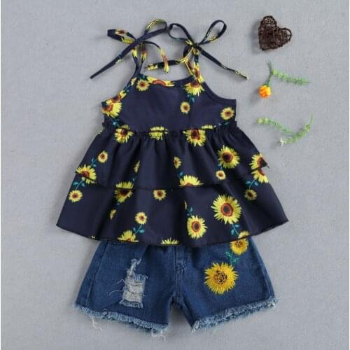 Kids Baby Girls Fashion 2-piece Outfit Set Sleeveless Backless Sunflower Print Tops+Denim Shorts Set Summer 2021