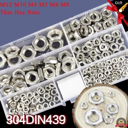 DIN439 Metric M12 M10 M4 M5 M6 M8 304 Stainless Steel Hexagonal Nut Thin Hex Nuts Hex Jam Nuts Assortment Kit Machine Nuts