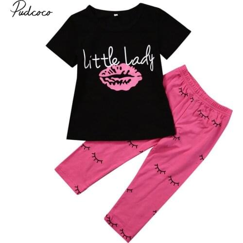 Helen115 Lovely Kids Baby Girls Summer Letter Printed Short Sleeve Cotton T-shirt+pants 2pcs Set 1-6years