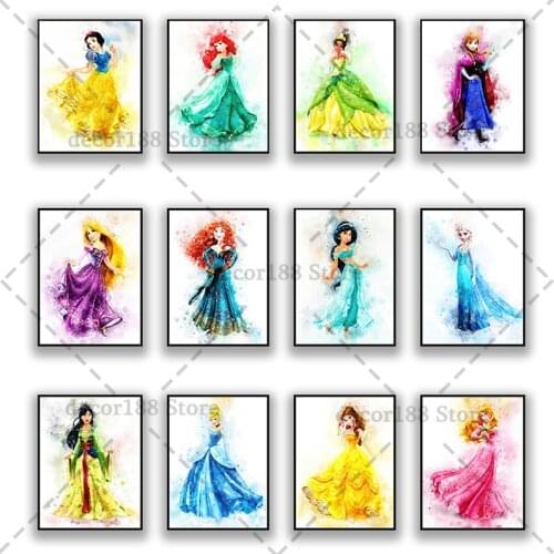 Disney Canvas Poster Princesses Art Disney Canvas Painting Poster and Prints Nursery Watercolor Wall Art for Kids Room Decor