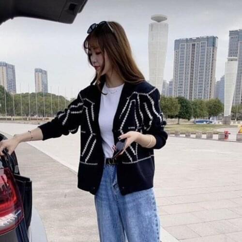 2021 Black White Diamond Grid Early Spring Cardigan Femme Korean Fashion Loose Women Clothing Sweater Knitted Long Sleeve Top