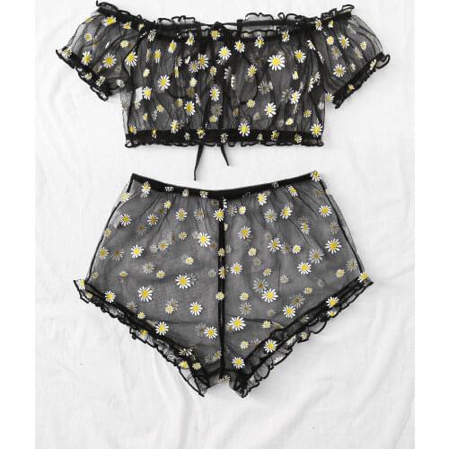Summer Women Exotic Top+Shorts Sets Sexy Lace Floral Little Daisy See Through Transparent Off Shoulder Puff Sleeve Cropped Bra