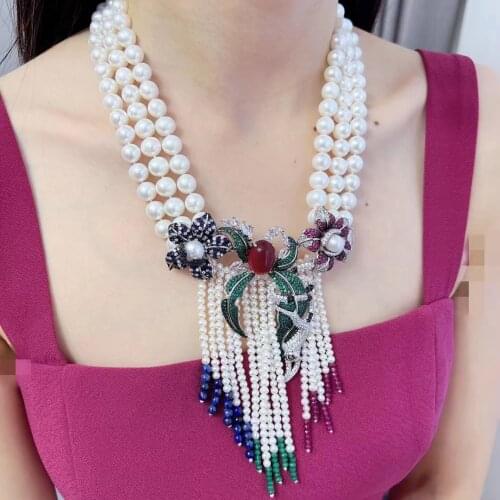 18" 3 Rows White Round Pearl Necklace Cz Pave Pendant and match Earring Set