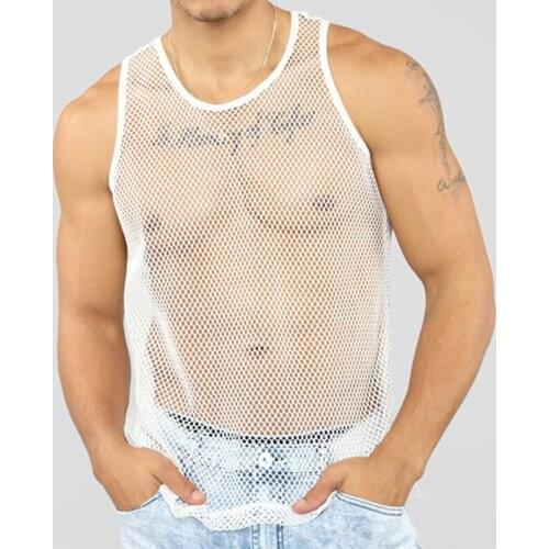 Sexy Men Sleeveless Mesh Sheer Tank Vest Tops Outwear Gym Training Tank Vest Fish Net Hollow Out See Through Sporting Clothing