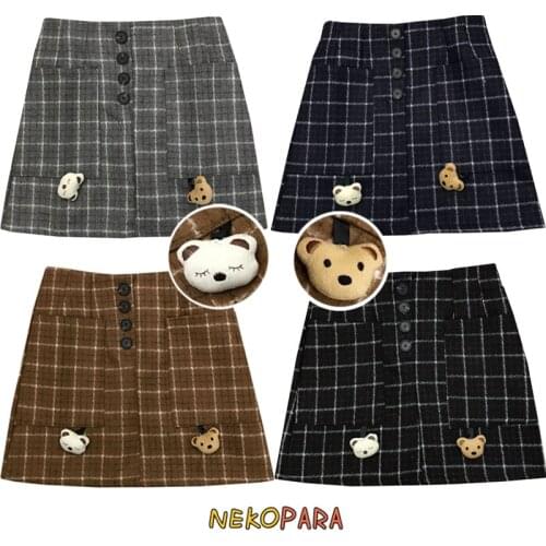 Kawaii Bear Pendants Womens Plaid Checks A-Line Mini Skirt Mori Girl Winter Wool Blend Pocket Short Skirts Cute 4 Colors