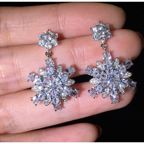 Cute Korean Earrings S925 Sterling Silver Color Bling ZIrcon Stone Flower Drop Earrings for Women Fashion Jewelry