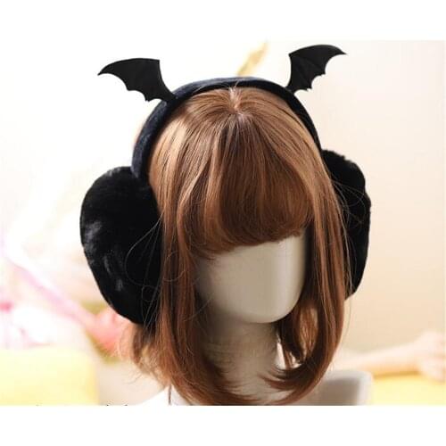 Cute Plush Black Bat Wing Warm Earmuffs Gothic Womens Lolita Warmer Muff Ear Cover Lovely Headband B1538