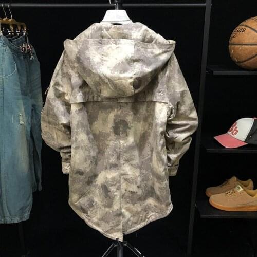 Mens Spring Camouflage Long Jacket Fashion Loose Hooded Tactical Windbreaker Male Streetwear Hip Hop Zipper Tops Coats S-2XL