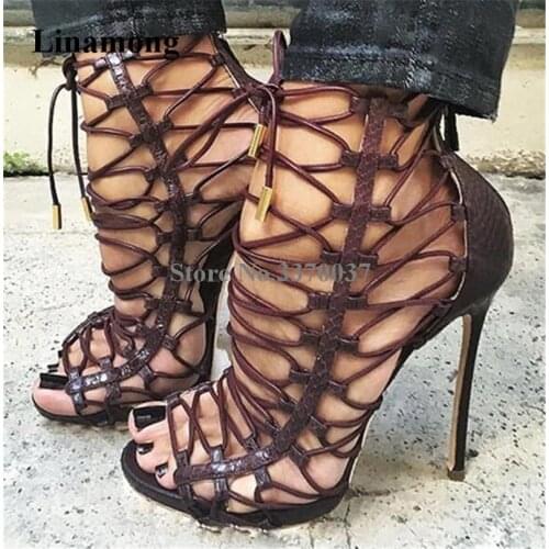 Newest Women Open Toe Straps Cross Stiletto Thin Heel Gladiator Sandals Lace-up Brown Snakeskin High Heel Sandals Party Shoes