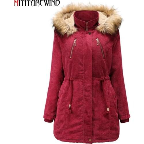 2020 New Arrival Winter Woman Jacket Corduroy Womens Wear Hooded Fur Collar Wool Liner Keep Warm Windbreaker Female Outwear