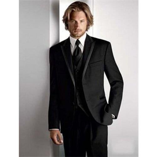 New Design Two Buttons Black Groom Tuxedos Peak Lapel Groomsmen Mens Wedding Prom Suits (Jacket+Pants+Vest+Tie) NO:22