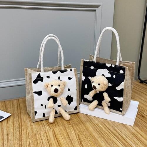 Casual Cute Bear Doll Linen Handbag Women Fashion Cow Pattern Top-Handle Present Pouch Portable Large Capacity Gift Packing Bags