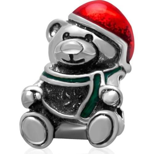 Factory Direct Sale Enameled Christmas Bear 925 Sterling Silver European Charm Beads For DIY European Bracelet Necklace SEPB2115