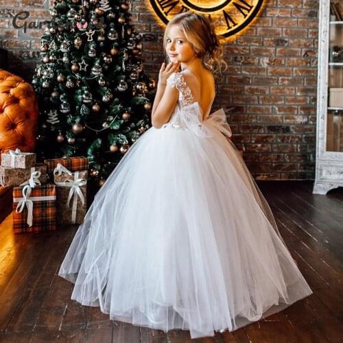 Puffy Flower Girl Dresses 2020 Lace Appliques Princess Dress Tulle Kids Communion Dresses Bow Net Girl Birthday Party Dress
