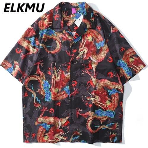 ELKMU Hip Hop Streetwear Shirts Dragon Graffiti Print Summer Blouse Short Sleeve Beach Shirt Harajuku Tops Male Loose HE679